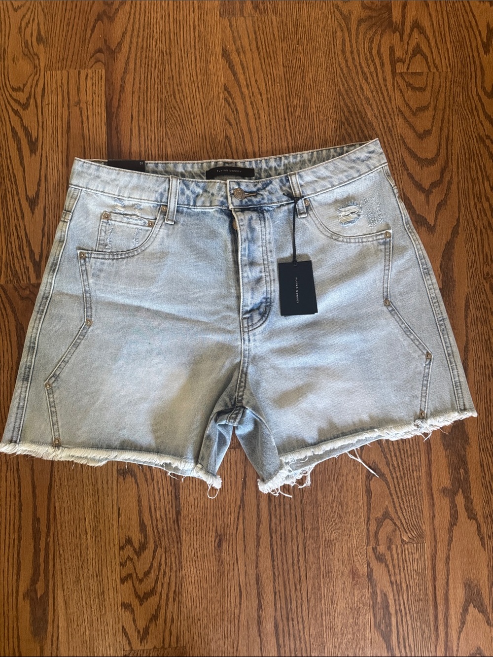 Flying Monkey Light Wash Frayed Hem Denim Shorts